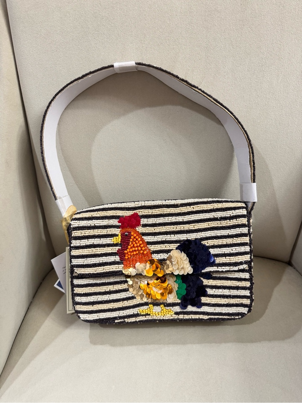 Beaded Rooster Shoulder Bag - Black & White